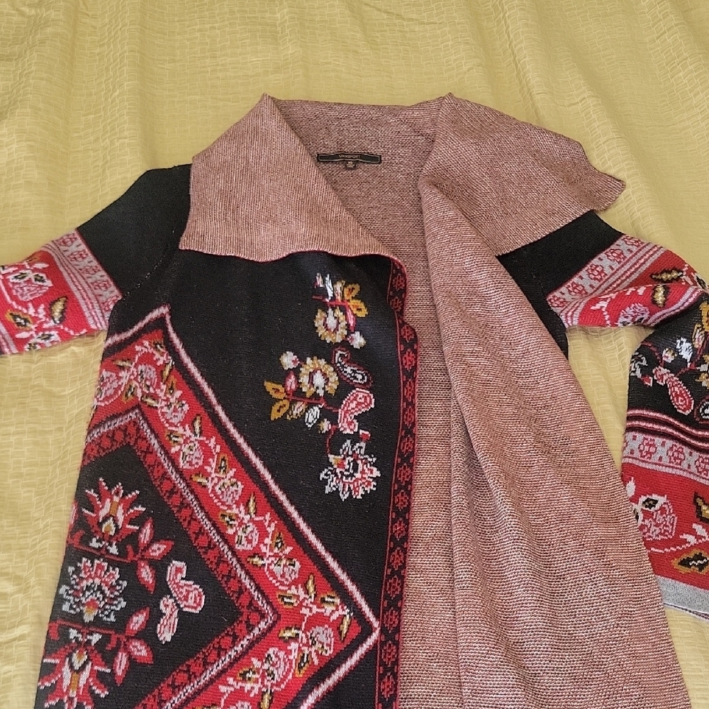 Black and Red Cardigan with Ornate Floral Patterns